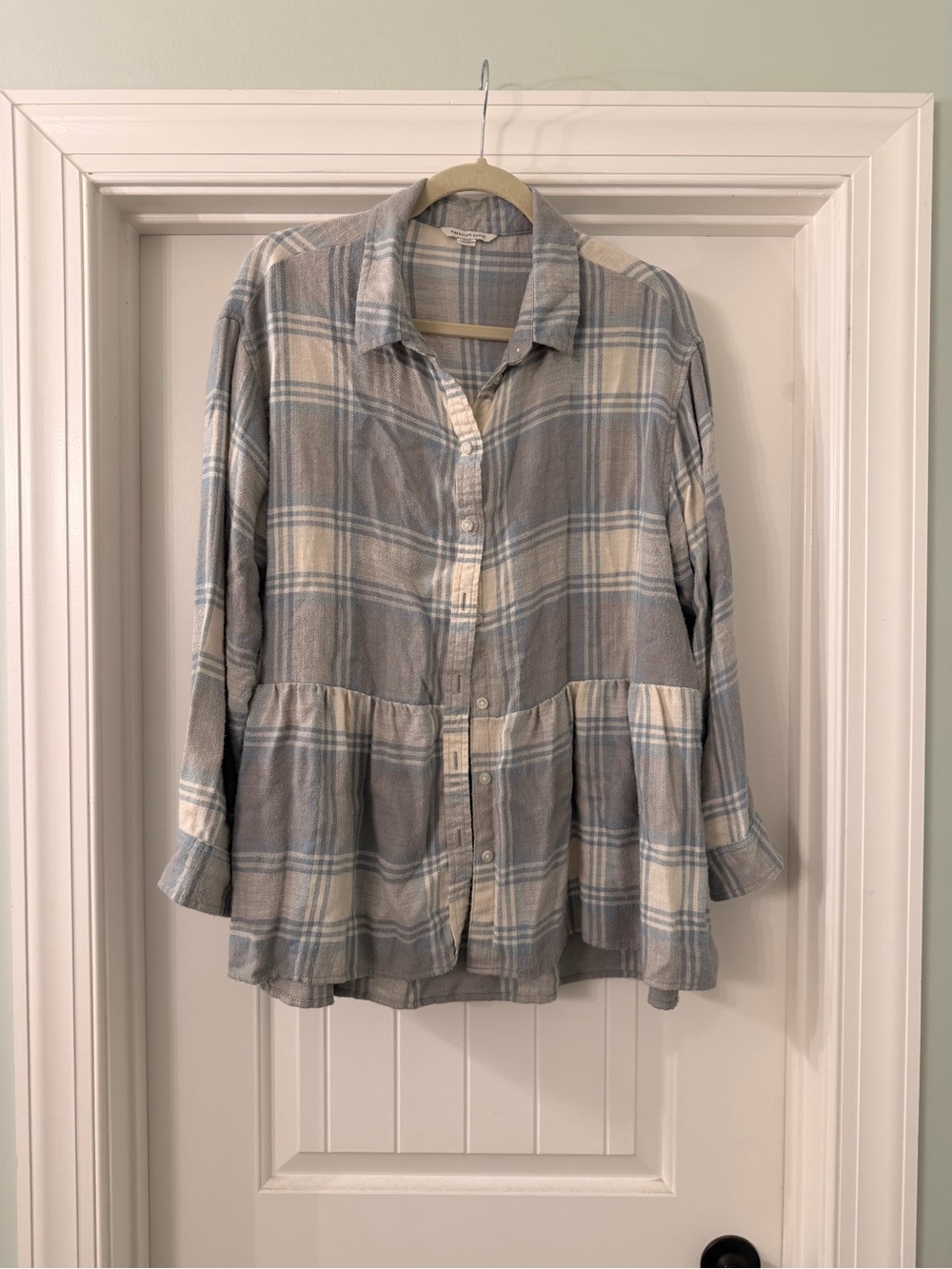 American Eagle Outfitters Blue & Cream Plaid Button-Down Peplum Top